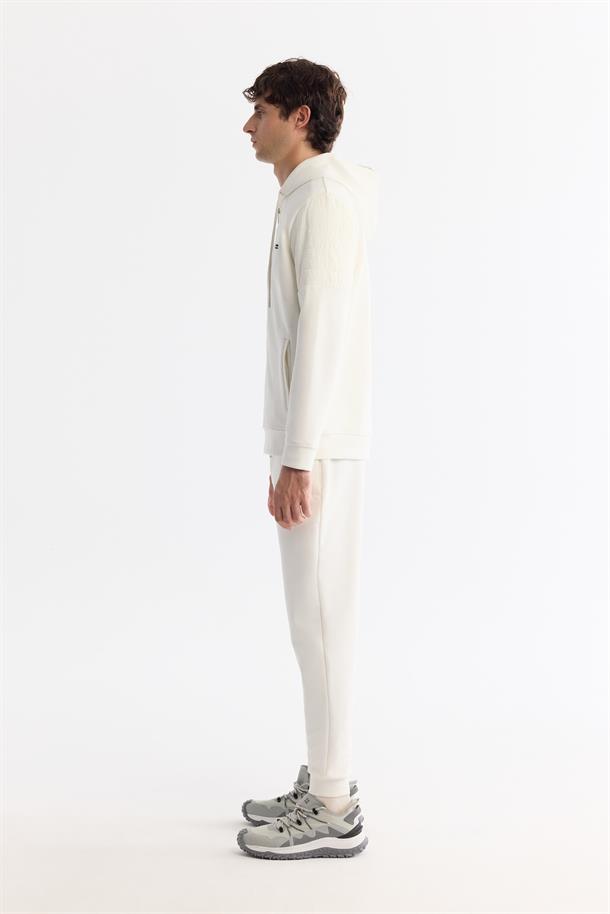Ekru Kapüşonlu Pamuklu Fermuarlı Elastan Sweatshirt