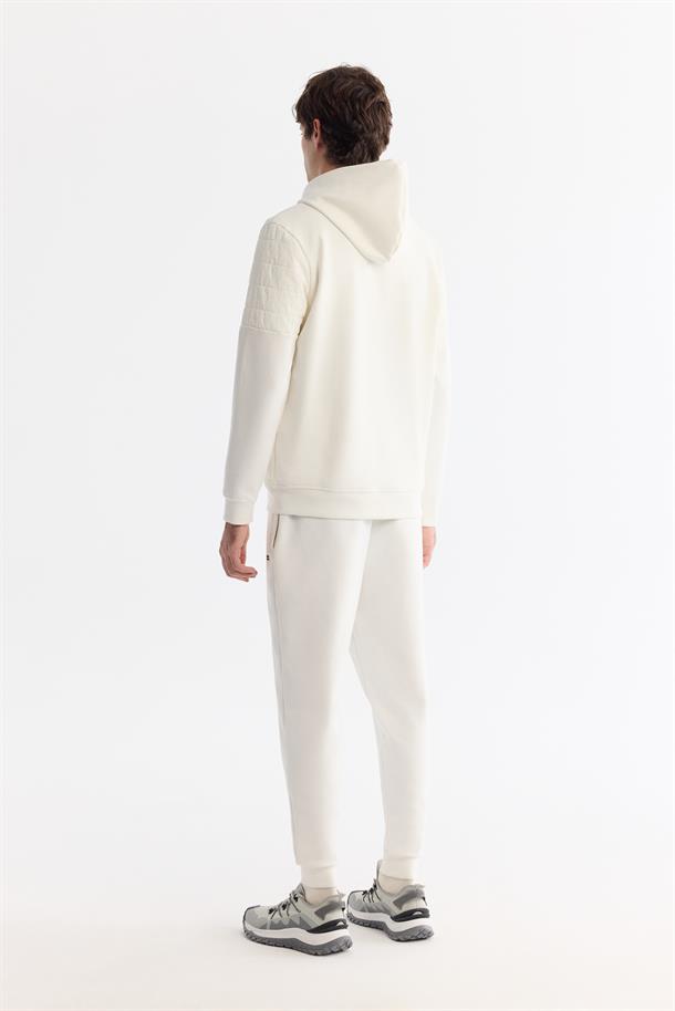 Ekru Kapüşonlu Pamuklu Fermuarlı Elastan Sweatshirt