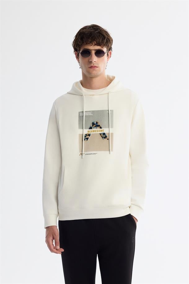 Ekru Kapüşonlu Pamuklu Baskılı Elastan Sweatshirt