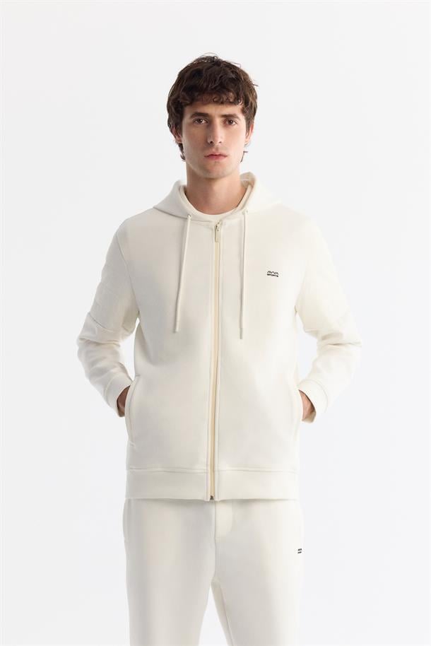 Ekru Kapüşonlu Pamuklu Fermuarlı Elastan Sweatshirt