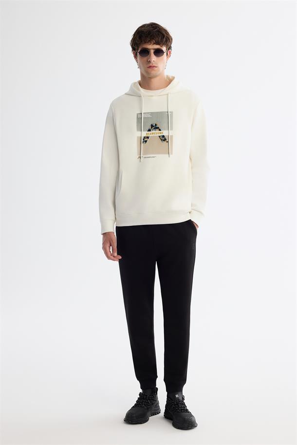 Ekru Kapüşonlu Pamuklu Baskılı Elastan Sweatshirt
