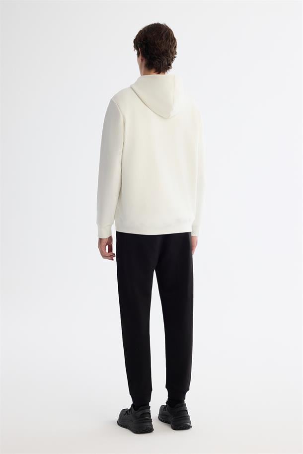 Ekru Kapüşonlu Pamuklu Baskılı Elastan Sweatshirt