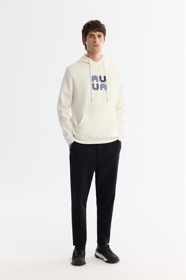 Ekru Kapüşonlu Pamuklu Baskılı Elastan Sweatshirt