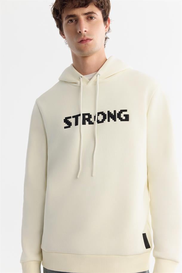 Ekru Kapüşonlu 3 İplik Şardonlu Baskılı  Sweatshirt