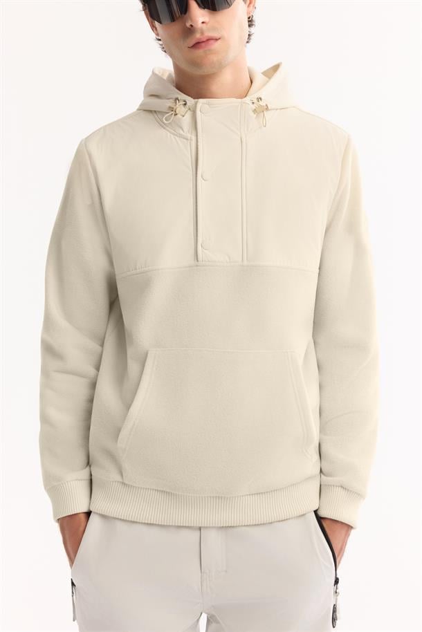Ekru Kapüşonlu Soft Touch Polar Sweatshirt