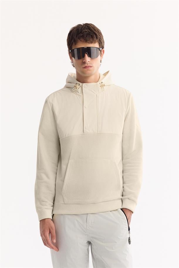 Ekru Kapüşonlu Soft Touch Polar Sweatshirt