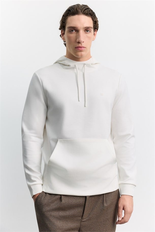Ekru Kapüşonlu Kolay Ütülenebilir İnterlok Sweatshirt