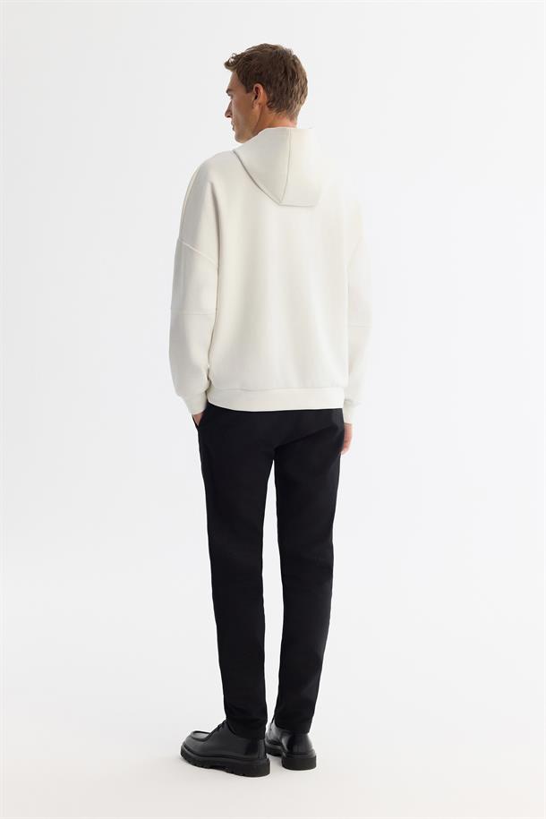 Ekru Kapüşonlu Pamuklu Baskılı Elastan Sweatshirt