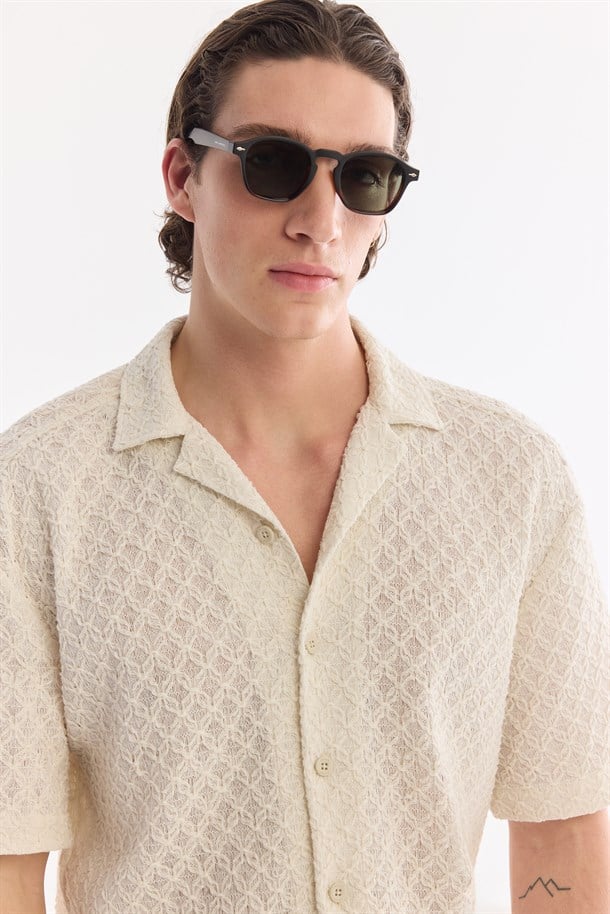 Ekru Apaj Yaka Nefes Alan Soft Touch Kısa Kol Gömlek