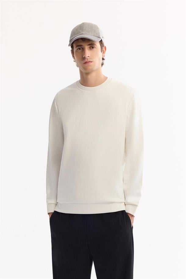 Ekru Bisiklet Yaka Kolay Ütülenen Bi-Stretch Sweatshirt