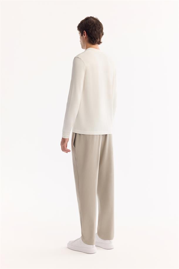 Ekru Polo Yaka Fermuarlı Rayon Tüylenmeyen Basic Triko Kazak