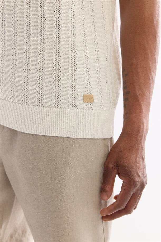 Ekru Polo Yaka Düğmeli Soft Touch Triko T-Shirt