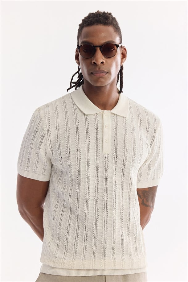 Ekru Polo Yaka Düğmeli Soft Touch Triko T-Shirt