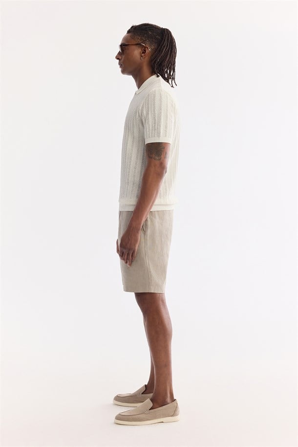 Ekru Polo Yaka Düğmeli Soft Touch Triko T-Shirt