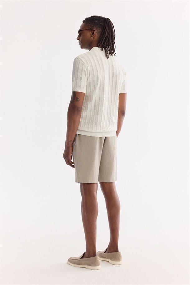 Ekru Polo Yaka Düğmeli Soft Touch Triko T-Shirt