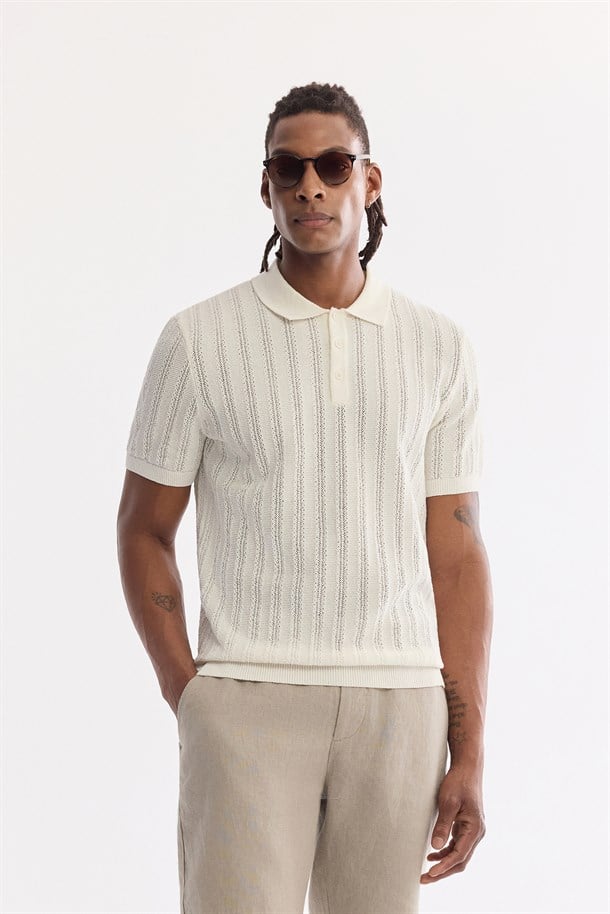 Ekru Polo Yaka Düğmeli Soft Touch Triko T-Shirt