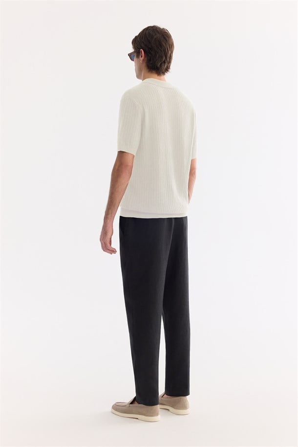 Ekru Polo Yaka Düğmesiz Soft Touch Triko T-Shirt