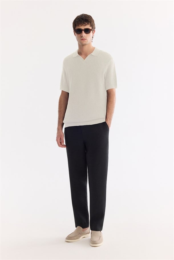 Ekru Polo Yaka Düğmesiz Soft Touch Triko T-Shirt