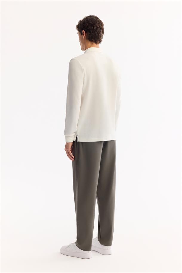 Ekru Polo Yaka Kolay Ütülenen Basic Sweatshirt