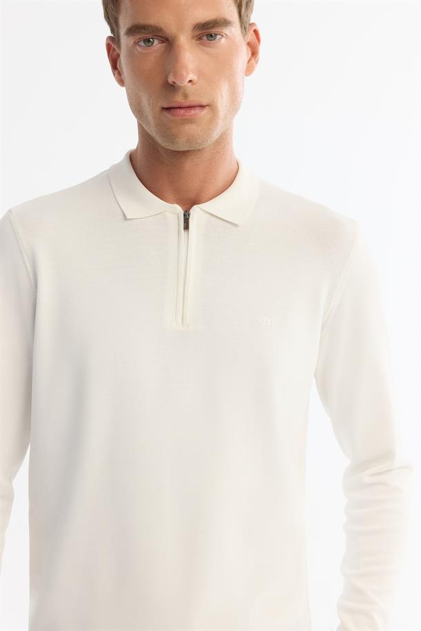 Ekru Fermuarlı Polo Yaka Rayon Triko Kazak