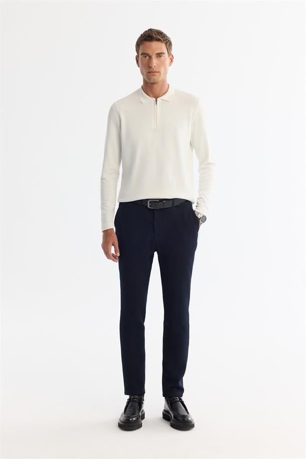 Ekru Fermuarlı Polo Yaka Rayon Triko Kazak