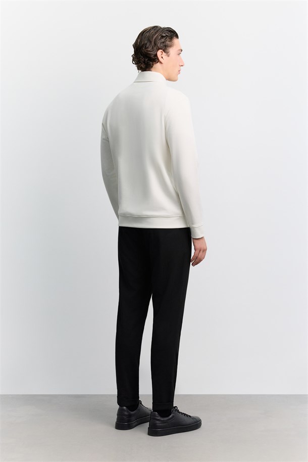 Ekru Polo Yaka Fermuarlı Kolay Ütülenen Sweatshirt