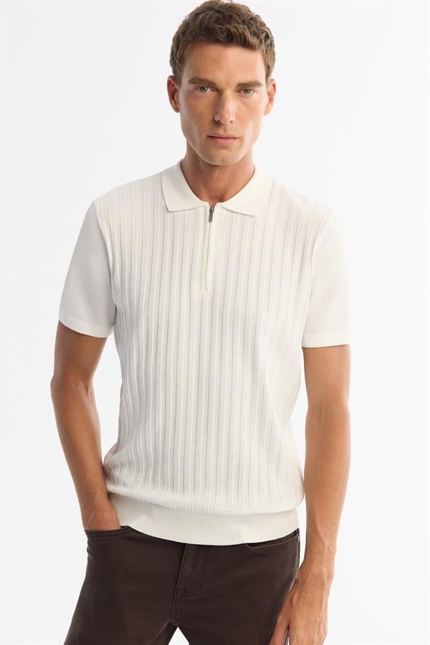 Ekru Polo Yaka Fermuarlı Rayon Triko T-Shirt