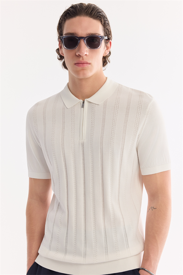 Ekru Polo Yaka Fermuarlı Rayon Triko T-shirt
