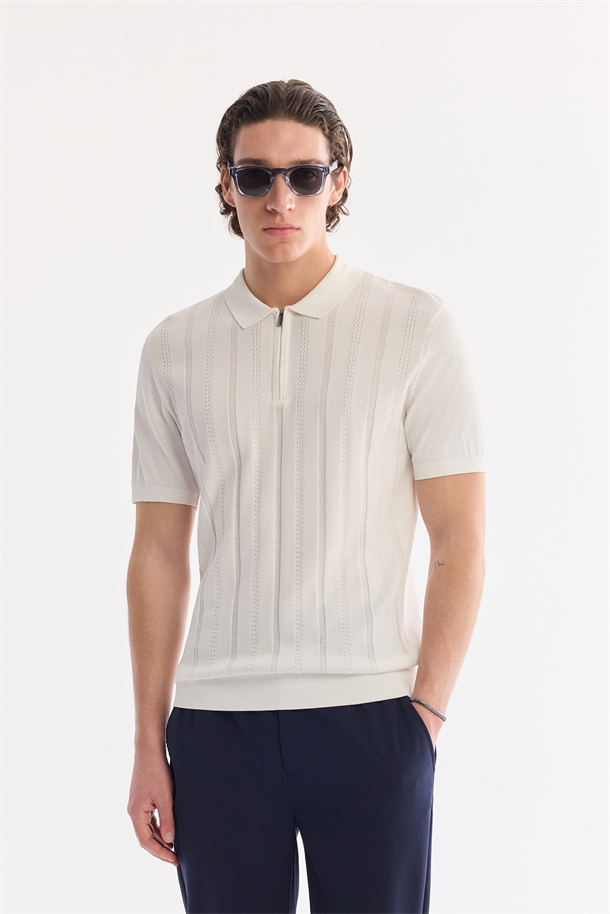 Ekru Polo Yaka Fermuarlı Rayon Triko T-shirt