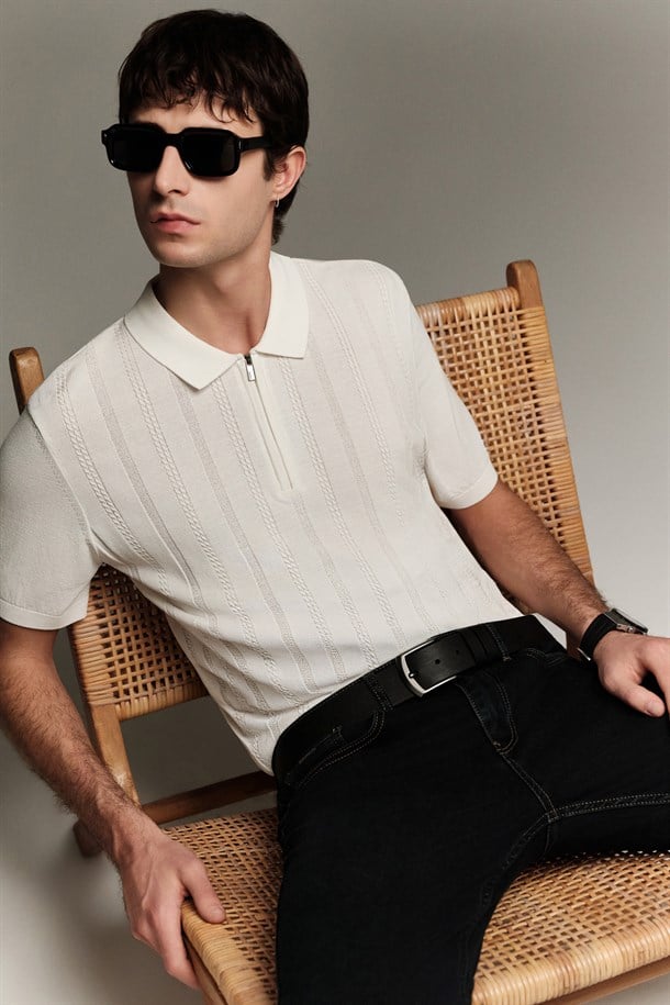 Ekru Polo Yaka Fermuarlı Rayon Triko T-shirt