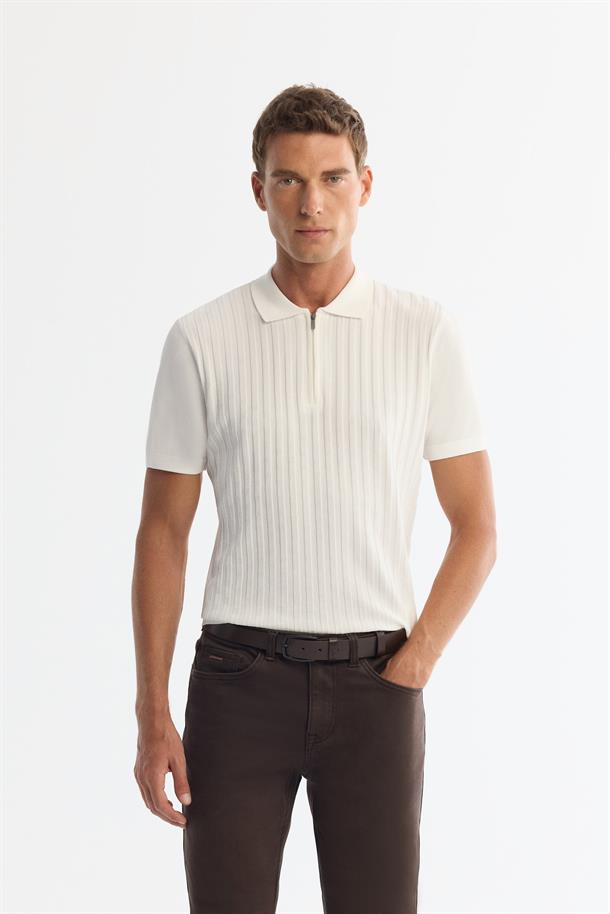 Ekru Polo Yaka Fermuarlı Rayon Triko T-Shirt
