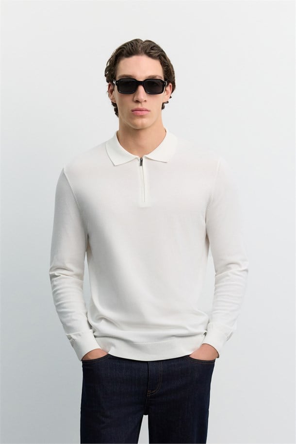 Ekru Polo Yaka Fermuarlı Rayon Tüylenmeyen Basic Triko Kazak