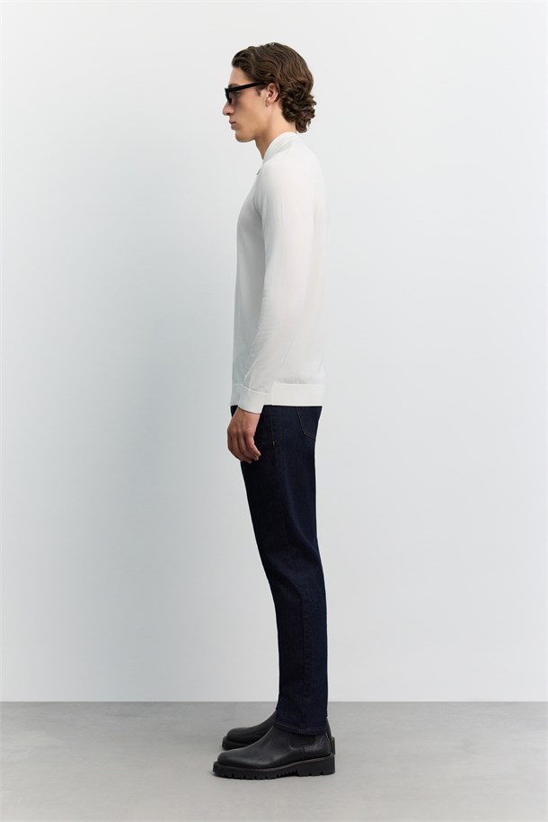 Ekru Polo Yaka Fermuarlı Rayon Tüylenmeyen Basic Triko Kazak