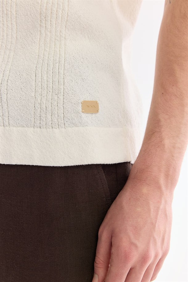 Ekru Polo Yaka Önden Düğmeli Soft Touch Triko T-Shirt