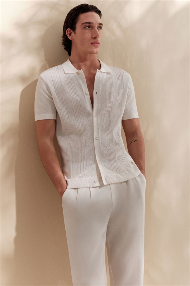 Ekru Polo Yaka Önden Düğmeli Soft Touch Triko T-Shirt