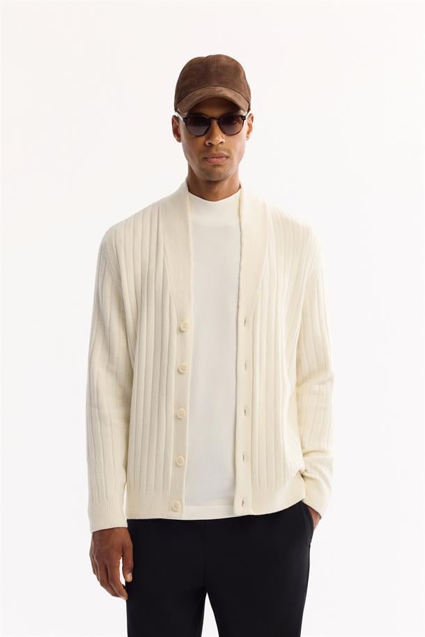 Ekru Şal Yaka Düğmeli Soft Touch Çizgili Hırka