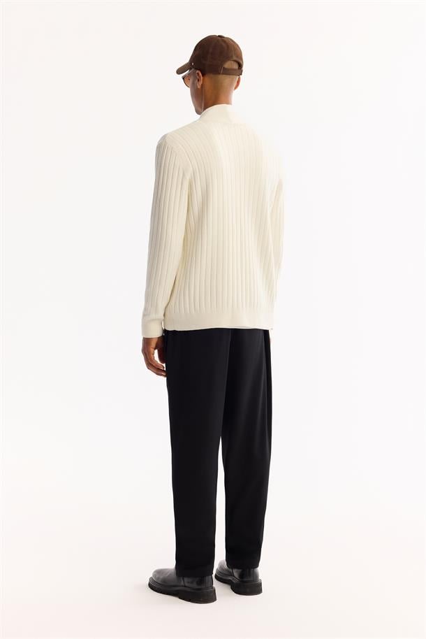 Ekru Şal Yaka Düğmeli Soft Touch Çizgili Hırka