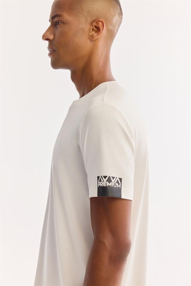 Ekru Bisiklet Yaka Soft Touch Bi-Stretch Baskılı T-Shirt