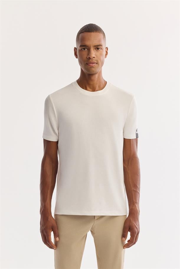 Ekru Bisiklet Yaka Soft Touch Bi-Stretch Baskılı T-Shirt