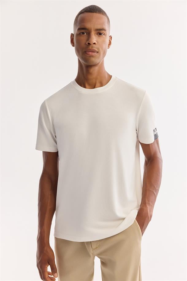 Ekru Bisiklet Yaka Soft Touch Bi-Stretch Baskılı T-Shirt