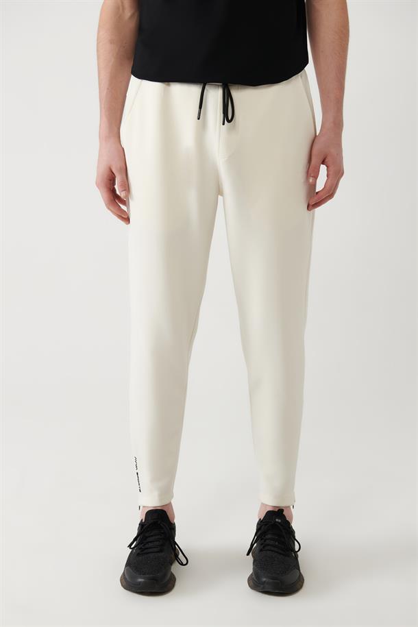 Ekru Beli Lastikli Bağcıklı Fermuar Paçalı Soft Touch Eşofman Altı