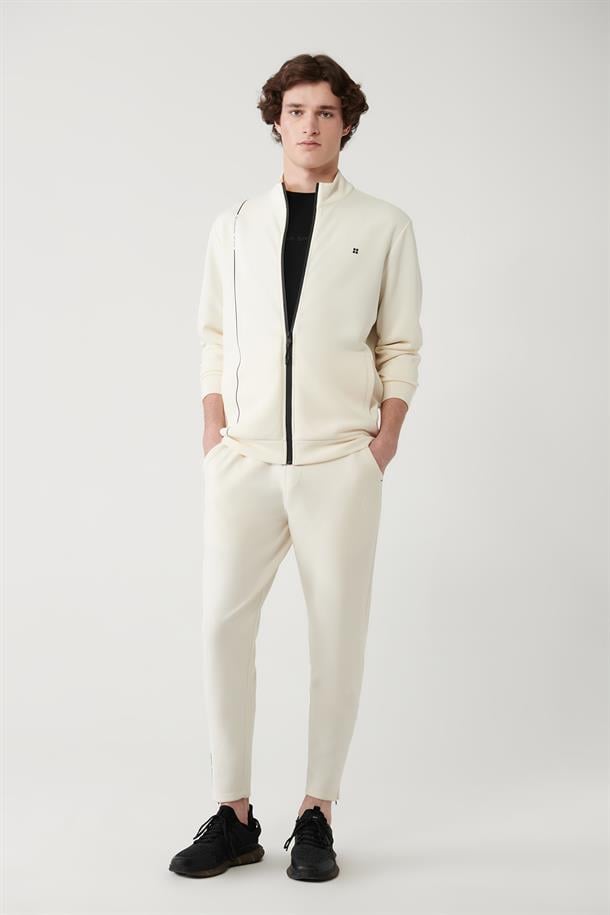 Ekru Beli Lastikli Bağcıklı Fermuar Paçalı Soft Touch Eşofman Altı