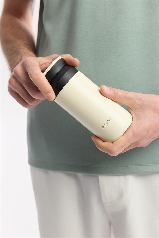 Ekru Isı Göstergeli %100 Çelik Termos 350 ML