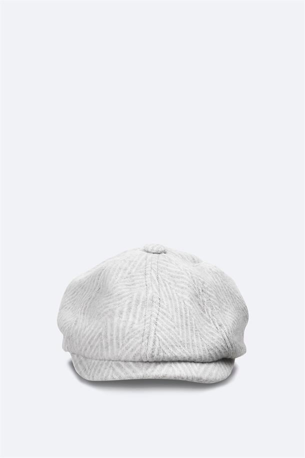 Ekru Yün Karışımlı  Desenli Kasket Şapka