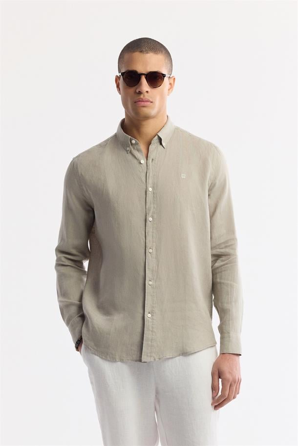 Gri Düğmeli Yaka %100 Keten Gömlek