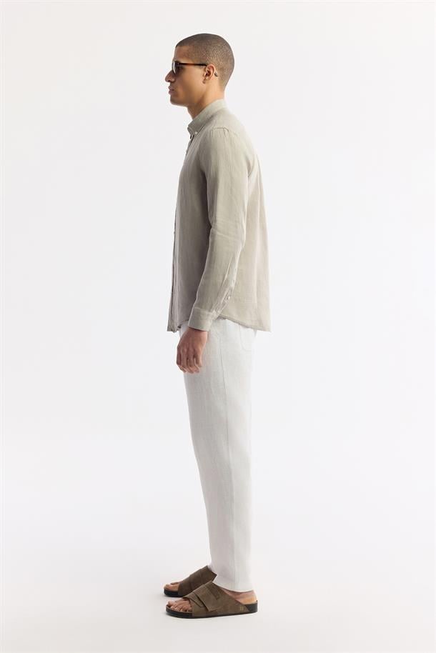 Gri Düğmeli Yaka %100 Keten Gömlek