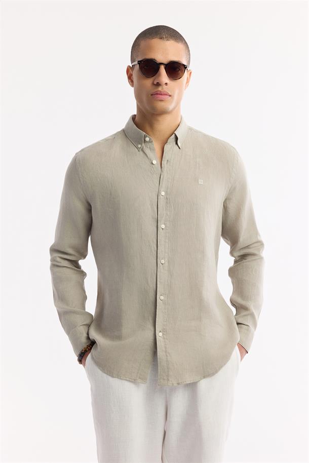 Gri Düğmeli Yaka %100 Keten Gömlek