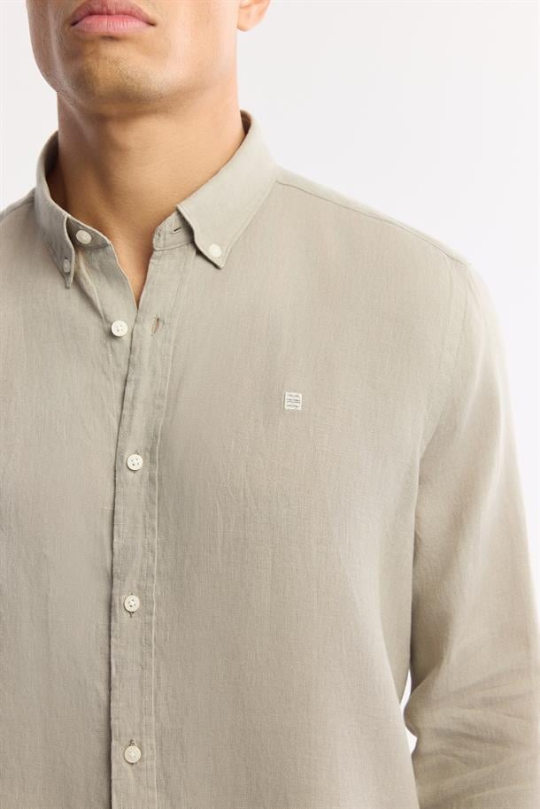 Gri Düğmeli Yaka %100 Keten Gömlek