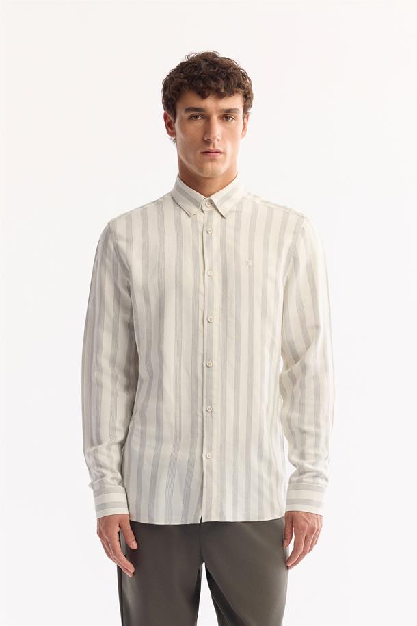 Gri Alttan Britli Yaka Soft Touch Çizgili Gömlek