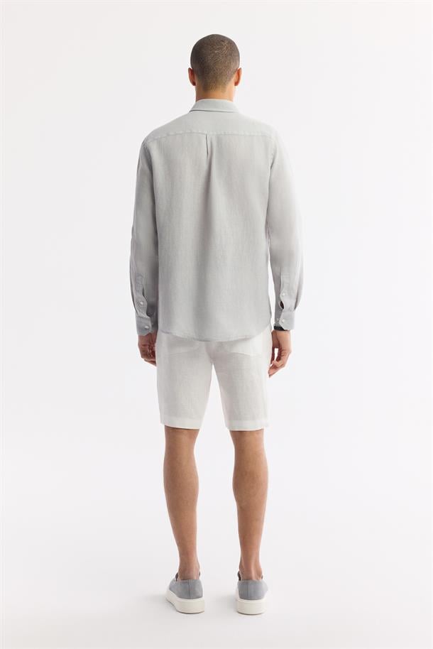 Gri Alttan Britli Yaka Nakışlı %100 Keten Gömlek